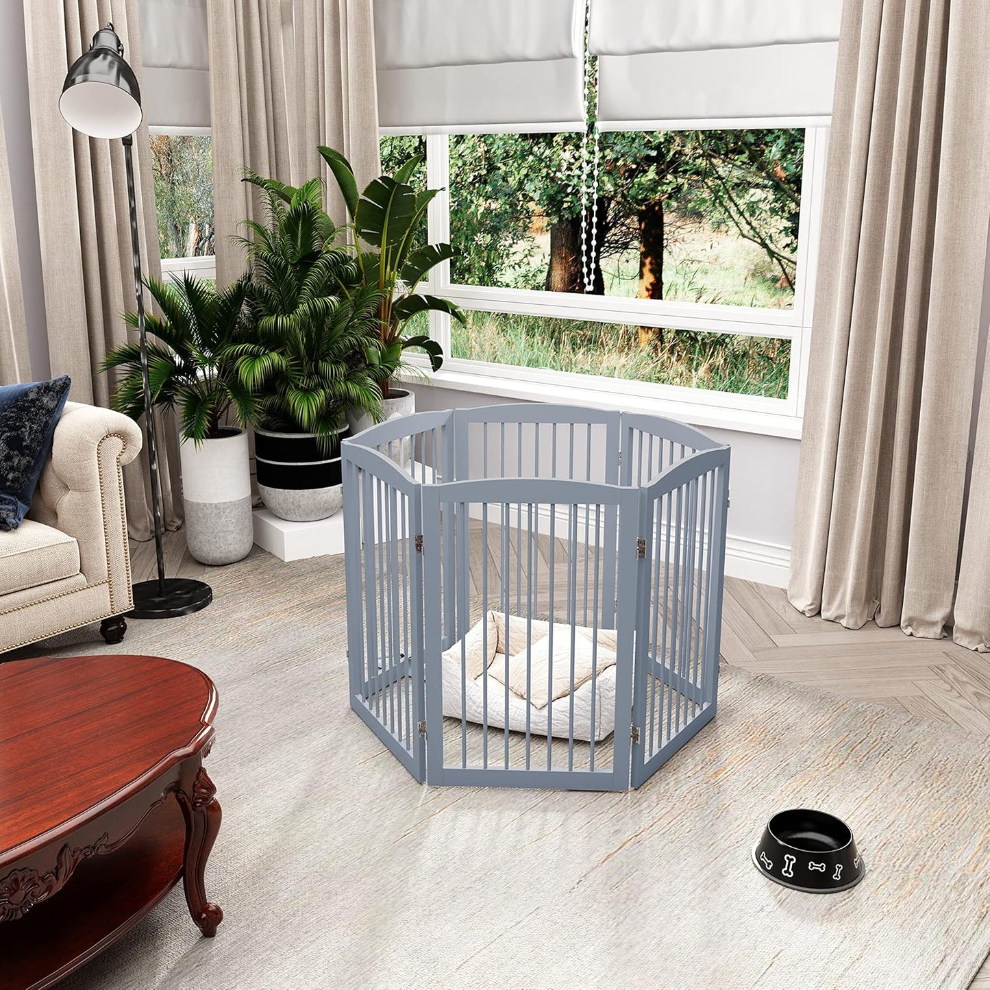Freestanding Pet Gate for Dogs, Indoor Wooden Foldable Dog Gate for House, Extra Wide, Pet Fence for Stairs, Doorways, Halls, Support Feet Included, 120 Inch Wide, 6 Panels 32",Grey