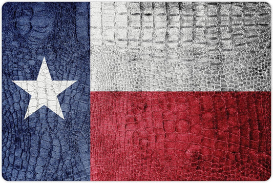 Lunarable Western Pet Mat for Food and Water, Texas State Flag Painted on Crocodile Snake Skin Patriotic Emblem Image, Non-Slip Rubber Mat for Dogs and Cats, 18" X 12", White Blue