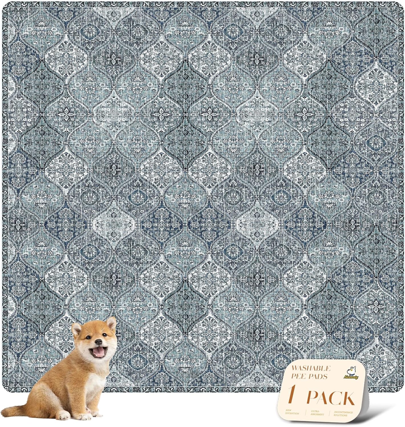 nunubaby Washable Pee Pads for Dogs, Stylish, Non-Slip and Leak-Proof Pee Pads. Reusable Potty Pads for Dogs for Crates and Floors.(Blue/Multi, 72" x72" )